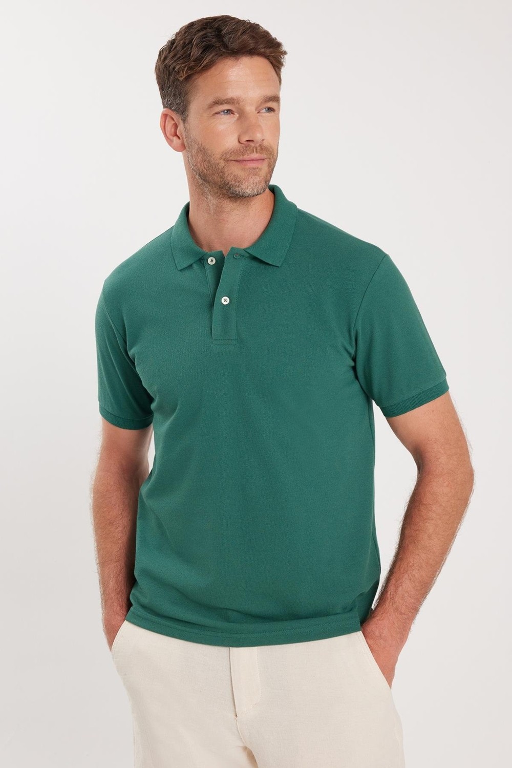 Tudors Erkek Slim Fit Dar Kesim Pamuklu Yumuşak Dokulu Serin Tutan Kumaş Düz Pike Yeşil Polo Yaka Tişört
