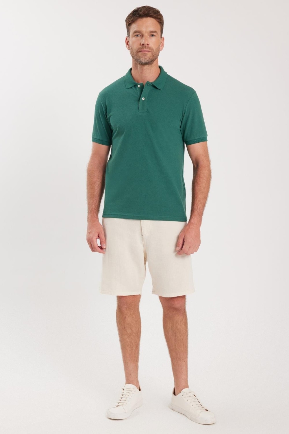Tudors Erkek Slim Fit Dar Kesim Pamuklu Yumuşak Dokulu Serin Tutan Kumaş Düz Pike Yeşil Polo Yaka Tişört görsel 4