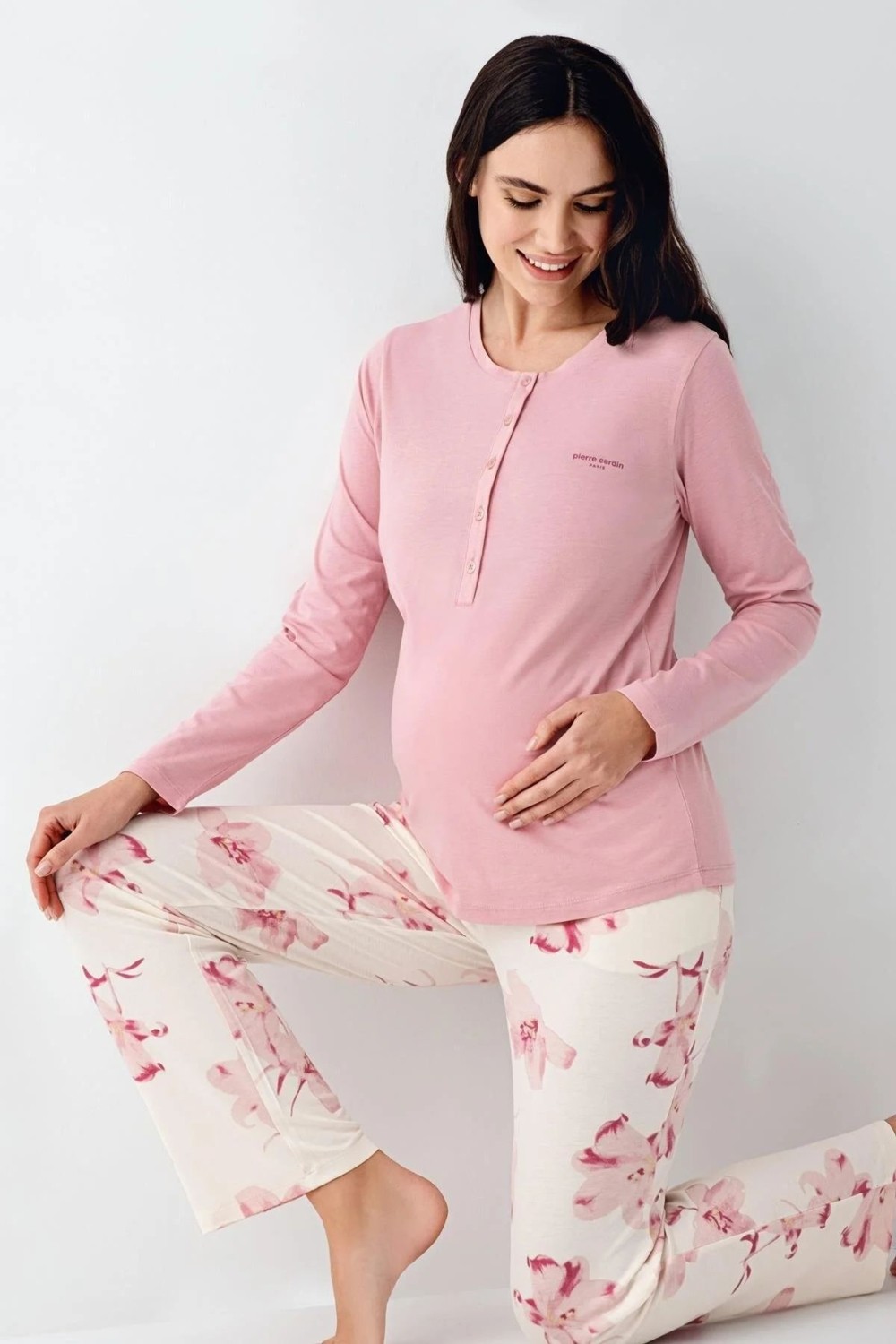 Pierre Cardin 9059 Hamile Lohusa Düğmeli Bisiklet Yaka Pijama Takımı-Gülkurusu görsel 2