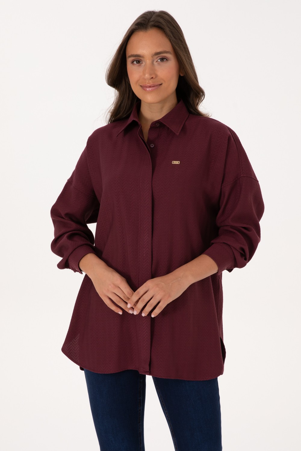 U.S. Polo Assn. Kadın Krem Uzun Kollu Oversize Desenli Gömlek 50316422-VR256