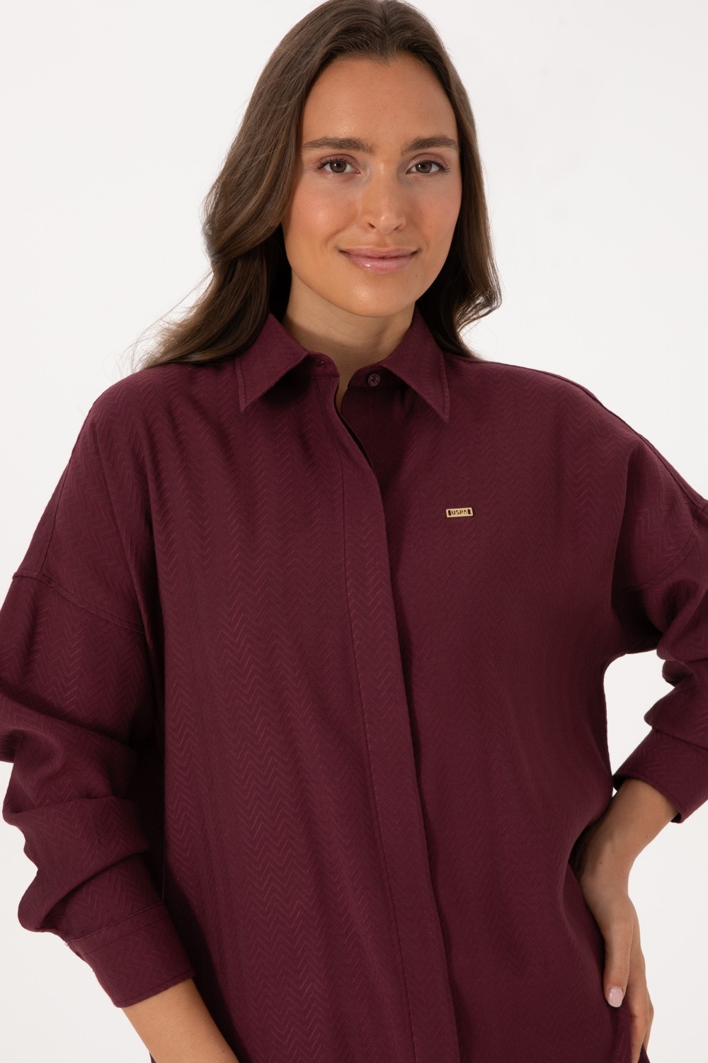U.S. Polo Assn. Kadın Krem Uzun Kollu Oversize Desenli Gömlek 50316422-VR256 görsel 2