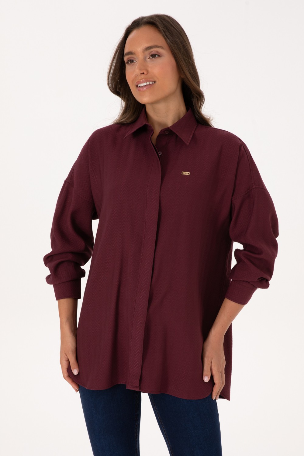 U.S. Polo Assn. Kadın Krem Uzun Kollu Oversize Desenli Gömlek 50316422-VR256 görsel 3