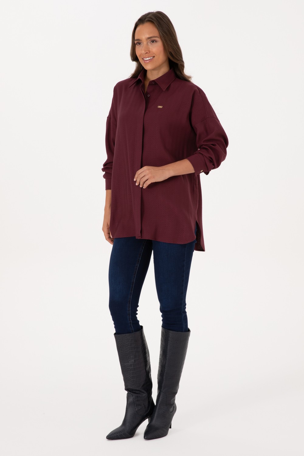 U.S. Polo Assn. Kadın Krem Uzun Kollu Oversize Desenli Gömlek 50316422-VR256 görsel 4