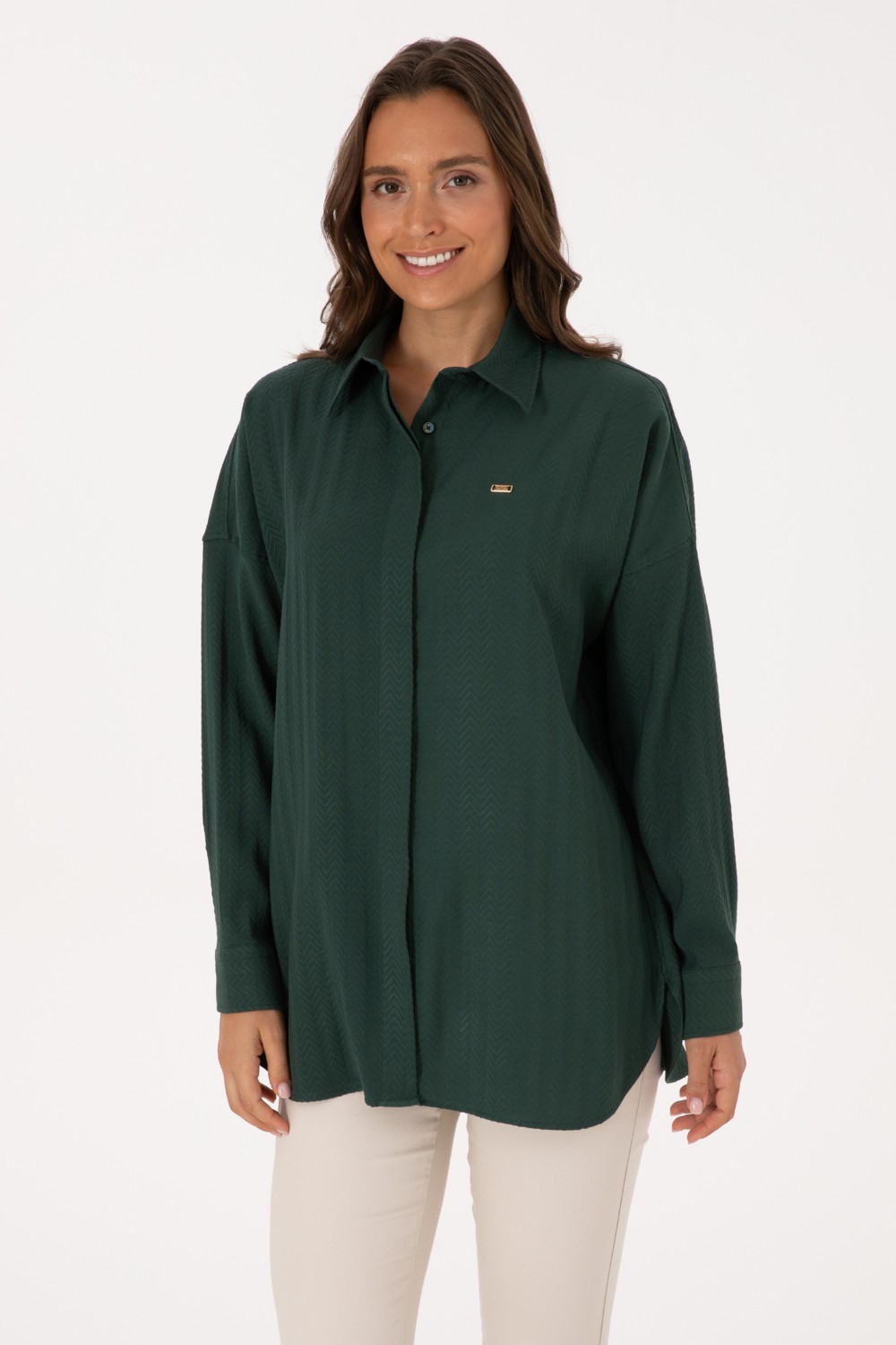 U.S. Polo Assn. Kadın Krem Uzun Kollu Oversize Desenli Gömlek 50316422-VR256 görsel 8