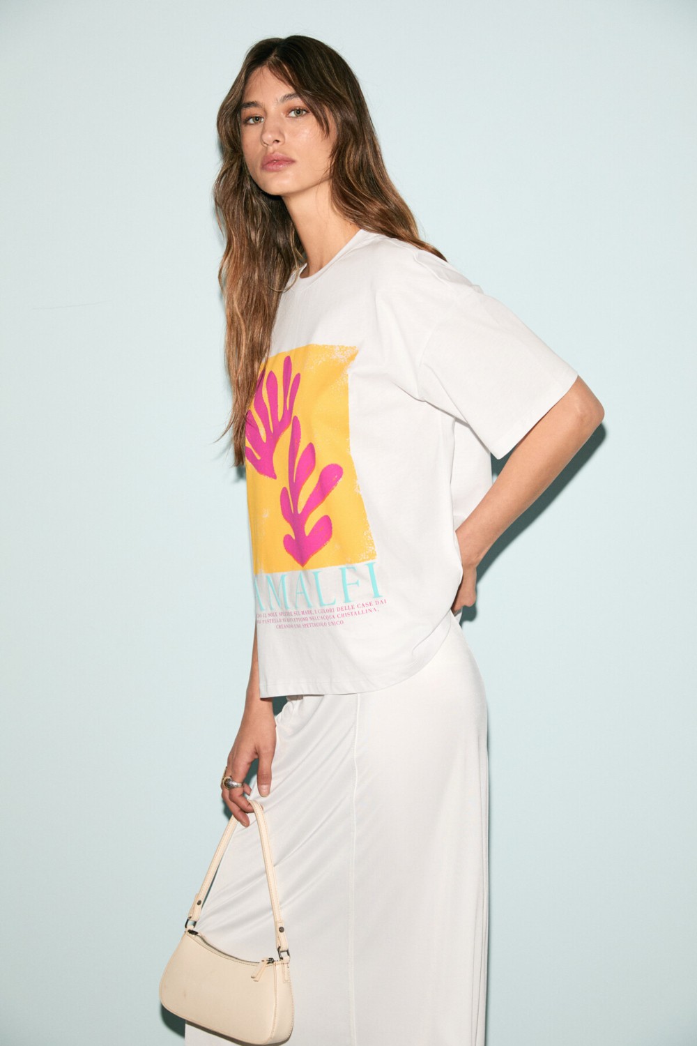 Grimelange VEYMIRA Kadın %100 Pamuk Bisiklet Yaka Kısa Kollu Oversize Fit Beyaz / Desenli T-Shirt görsel 4