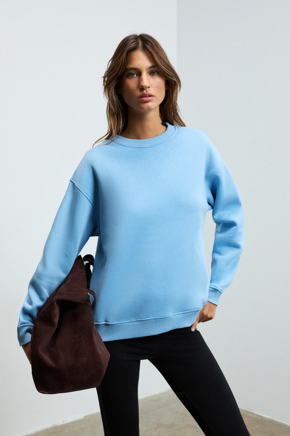 Grimelange Susana Kadın Bisiklet Yaka Içi Polarlı Oversize Fit Basic Yeşil Sweatshirt