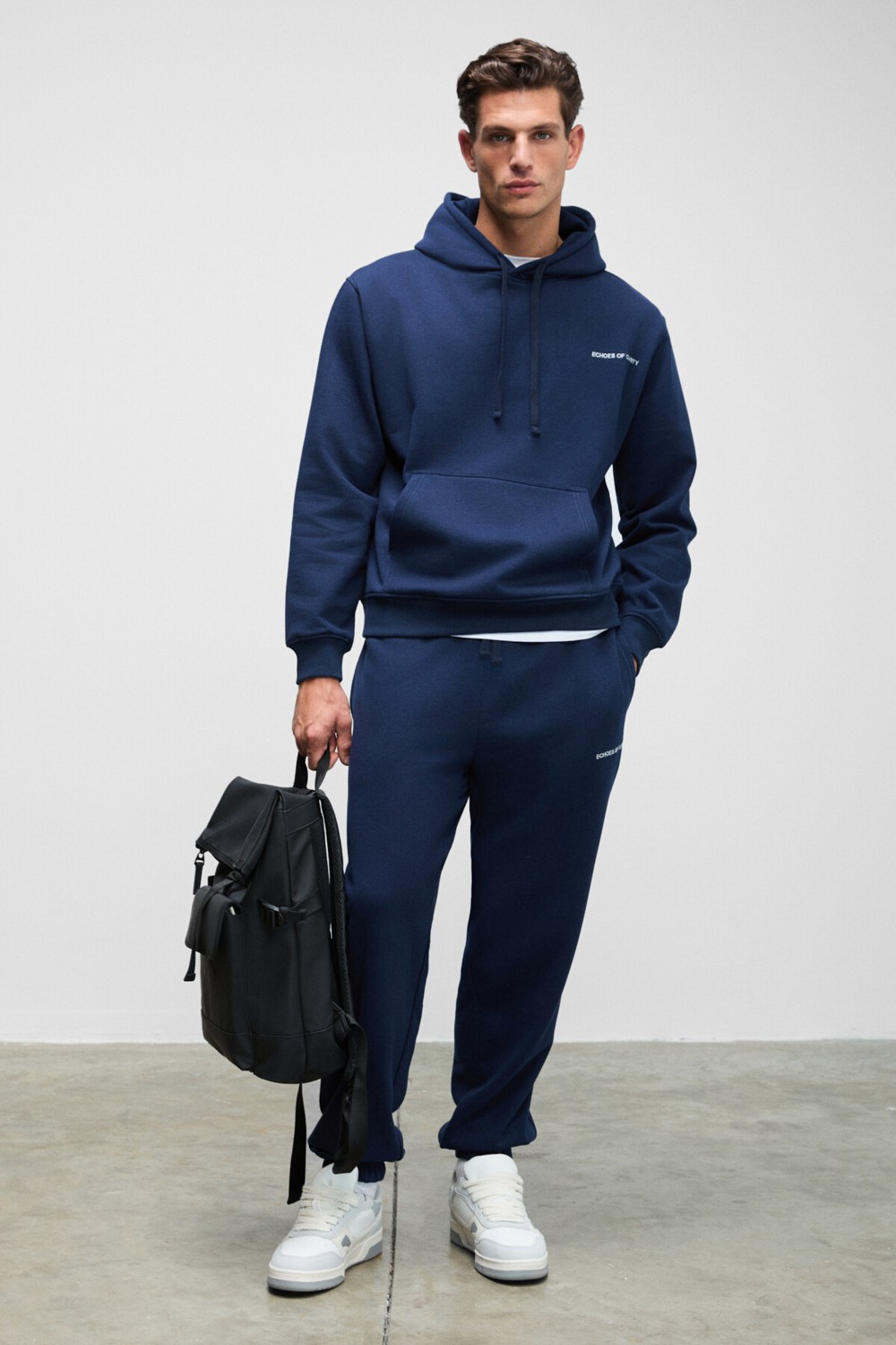 Grimelange MARSHALLHOODIE Erkek Pamuklu İçi Polarlı Nakışlı Relaxed Koyu Lacivert Eşofman Takımı
