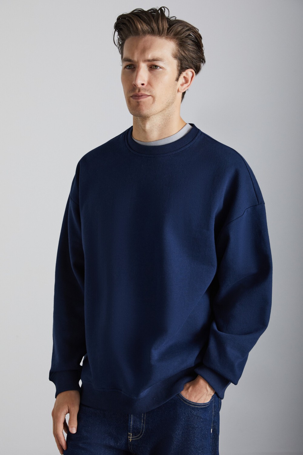 Grimelange Stephan Erkek Yumuşacık Kumaşlı organik Pamuklu Oversize Fit Yuvarlak Yakalı Lacivert Sweatshirt