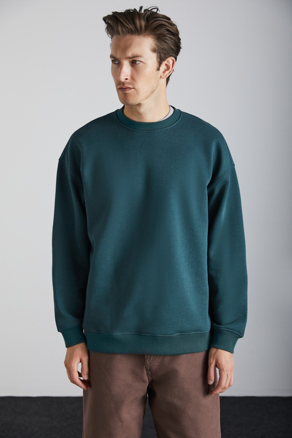 Grimelange Stephan Erkek Yumuşacık Kumaşlı organik Pamuklu Oversize Fit Yuvarlak Yakalı Lacivert Sweatshirt