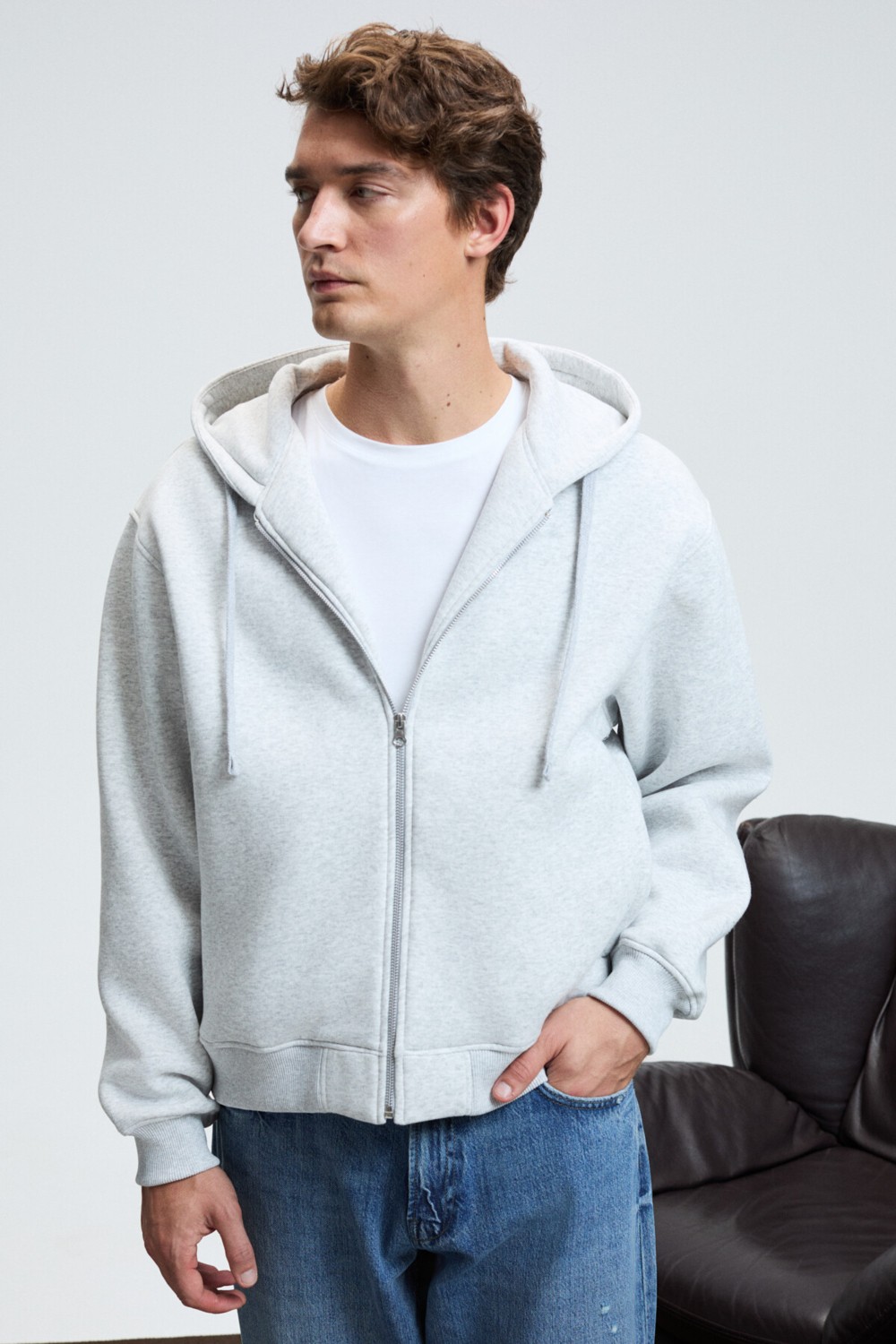 Grimelange ASHBY Erkek Kapüşonlu Fermuarlı Cepli Kordonlu Boxy Kalıp Acı Kahve Sweatshirt görsel 7
