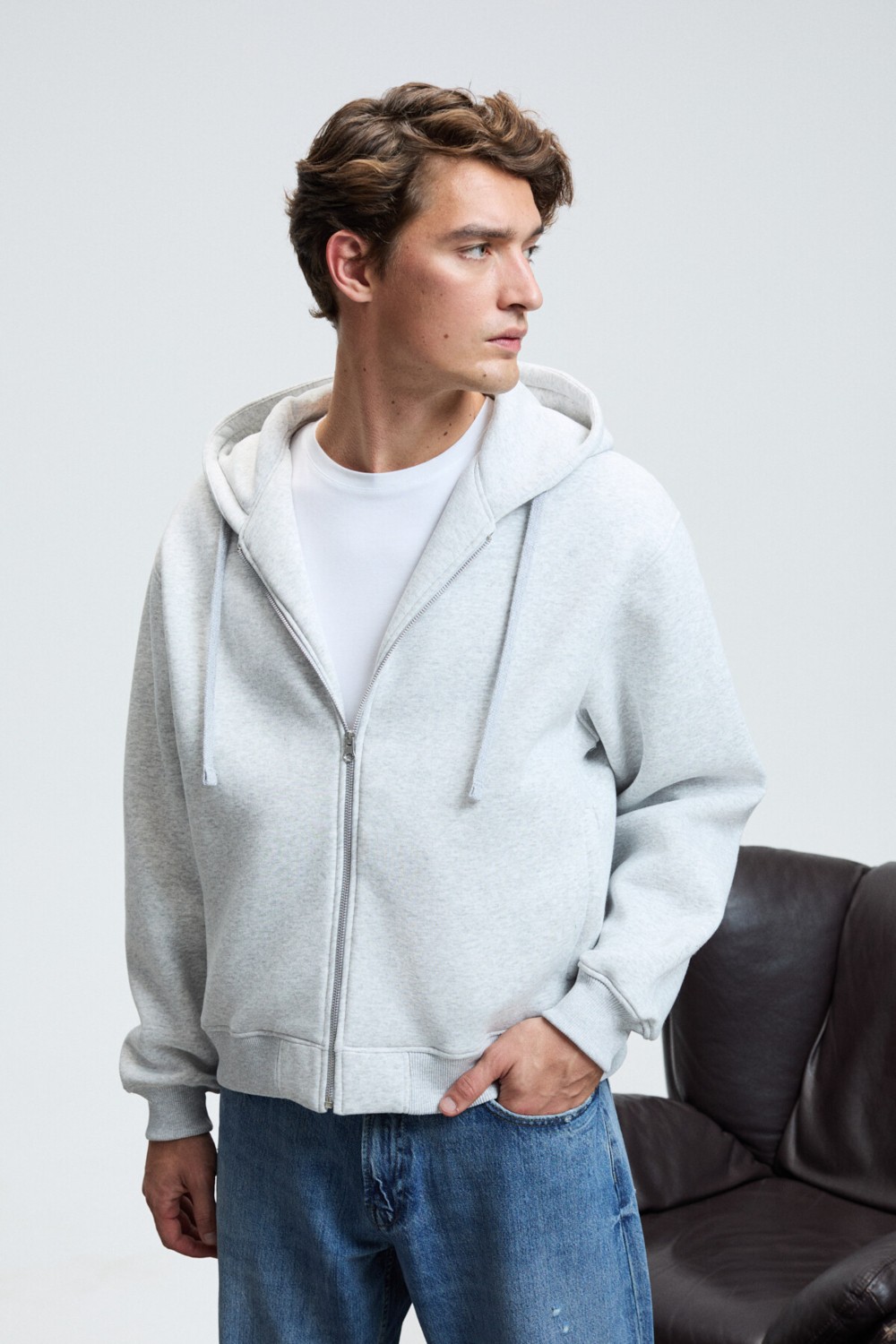 Grimelange ASHBY Erkek Kapüşonlu Fermuarlı Cepli Kordonlu Boxy Kalıp Acı Kahve Sweatshirt görsel 8