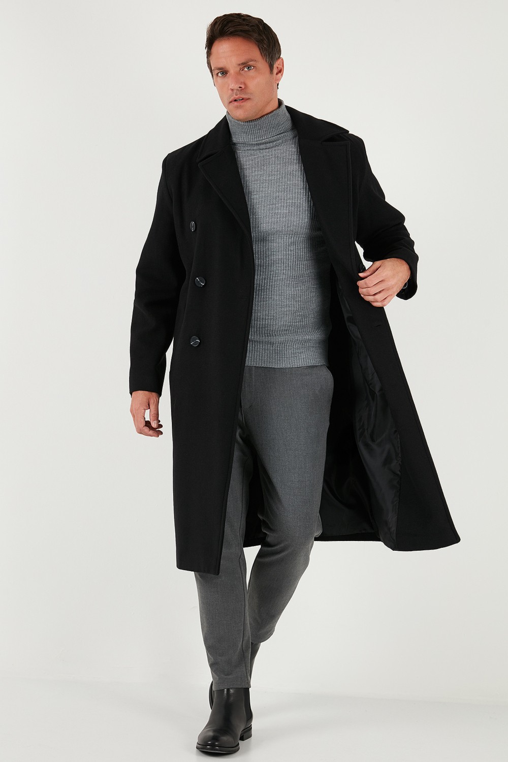 Buratti Loose Fit Uzun Astarlı Kruvaze Yaka Akrilik Kaban Erkek Düz Siyah Kalın Model görsel 4
