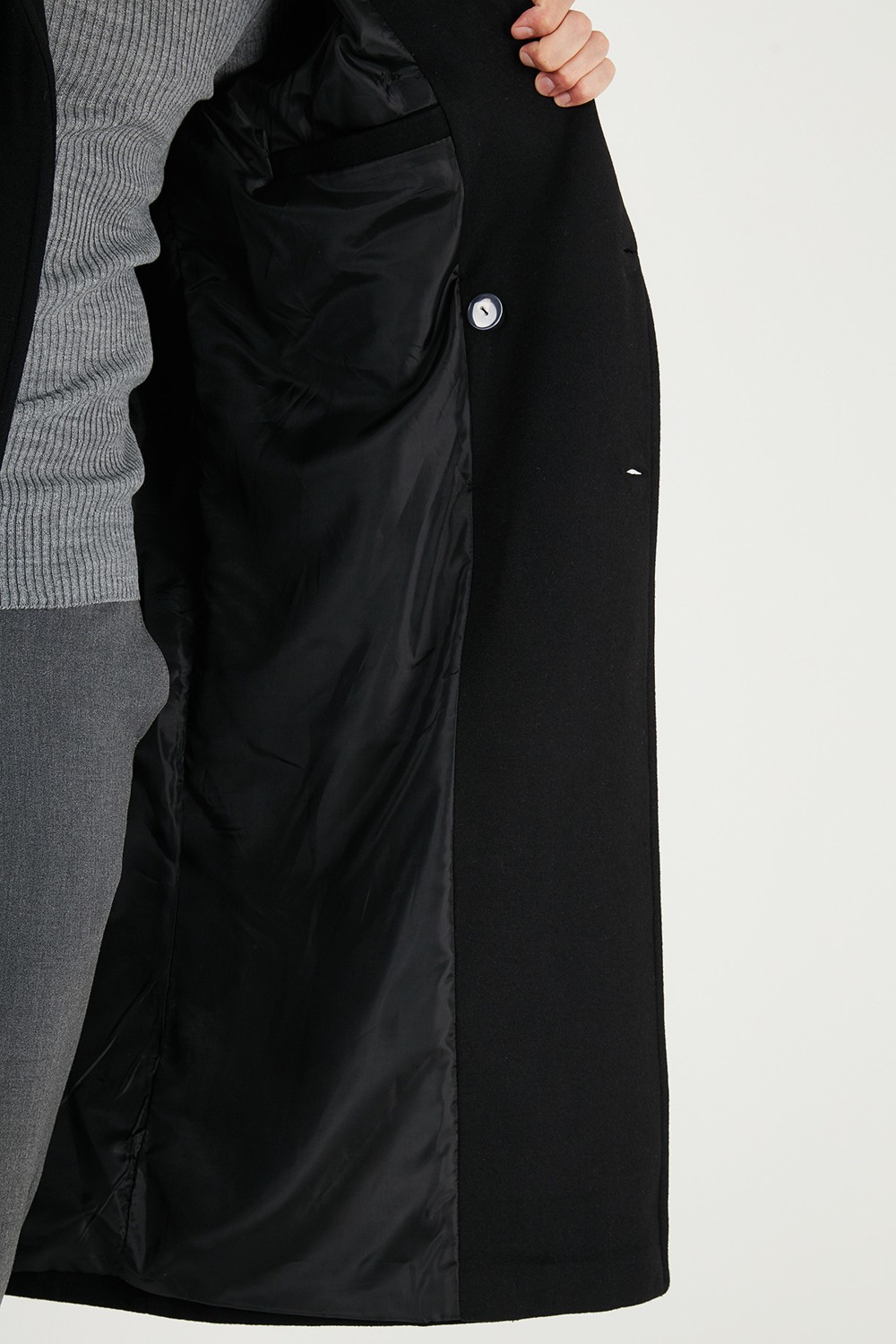 Buratti Loose Fit Uzun Astarlı Kruvaze Yaka Akrilik Kaban Erkek Düz Siyah Kalın Model görsel 6