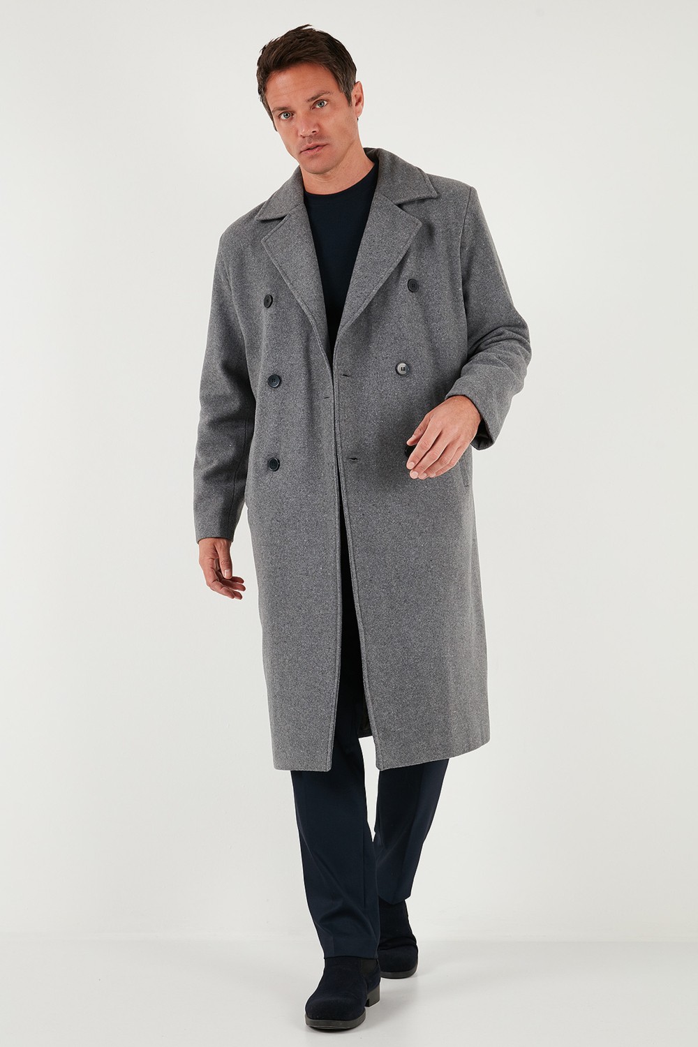 Buratti Loose Fit Uzun Astarlı Kruvaze Yaka Akrilik Kaban Erkek Düz Siyah Kalın Model görsel 8