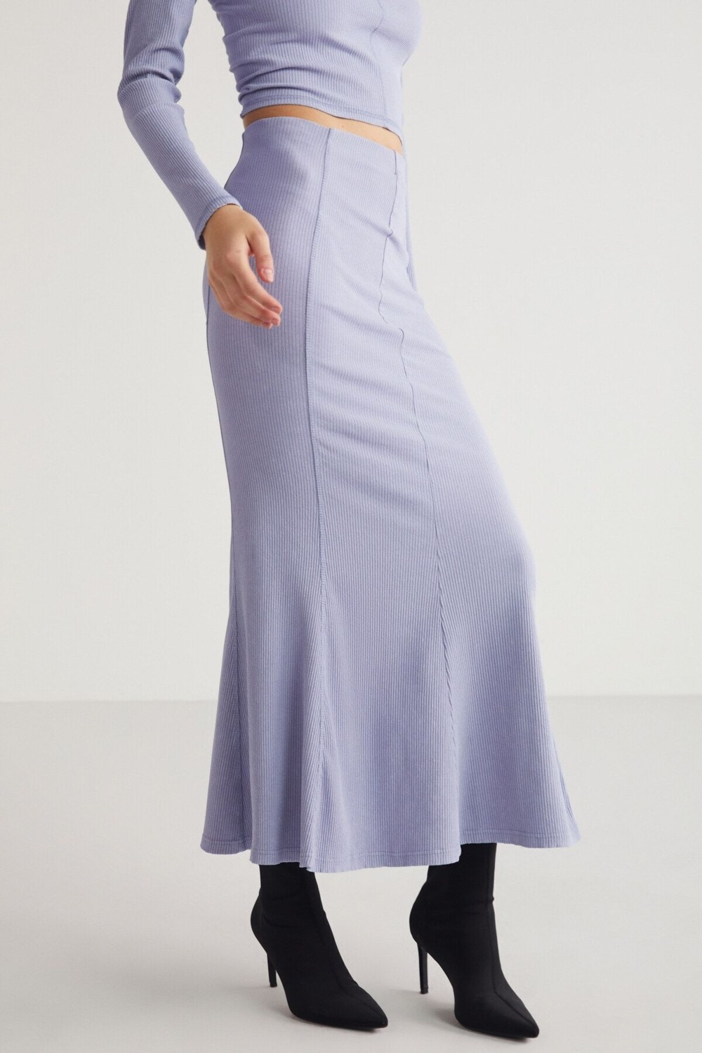 Grimelange Kadın Slim Fit Beli Lastikli Vucudu Saran Midi Gri Etek görsel 4