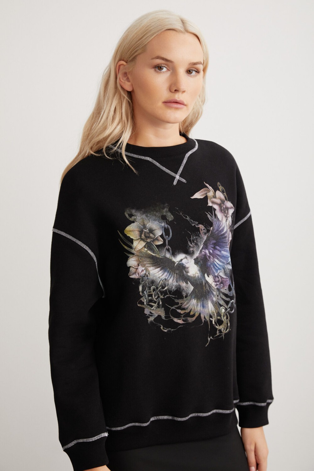 Grimelange Lorna Bisiklet Yakalı Baskılı Kontrast Dikişli Şardonlu Siyah Sweatshirt