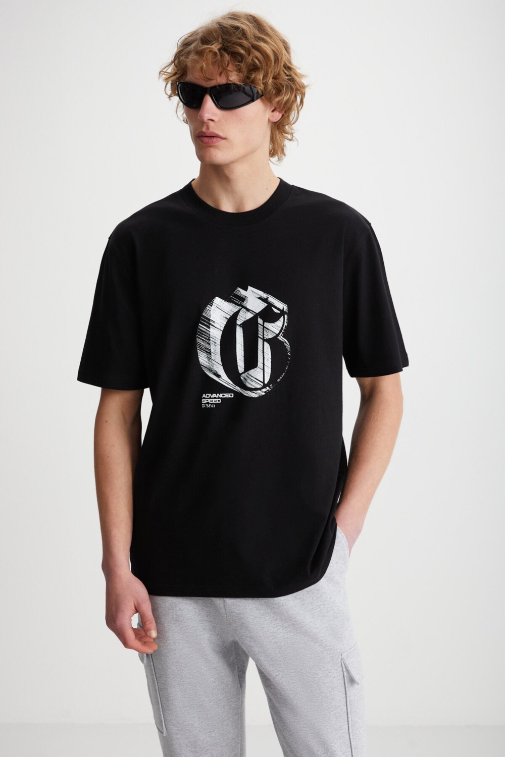 Grimelange ELIJAH Baskılı Bisiklet Yaka %100 Pamuk Siyah T-Shirt