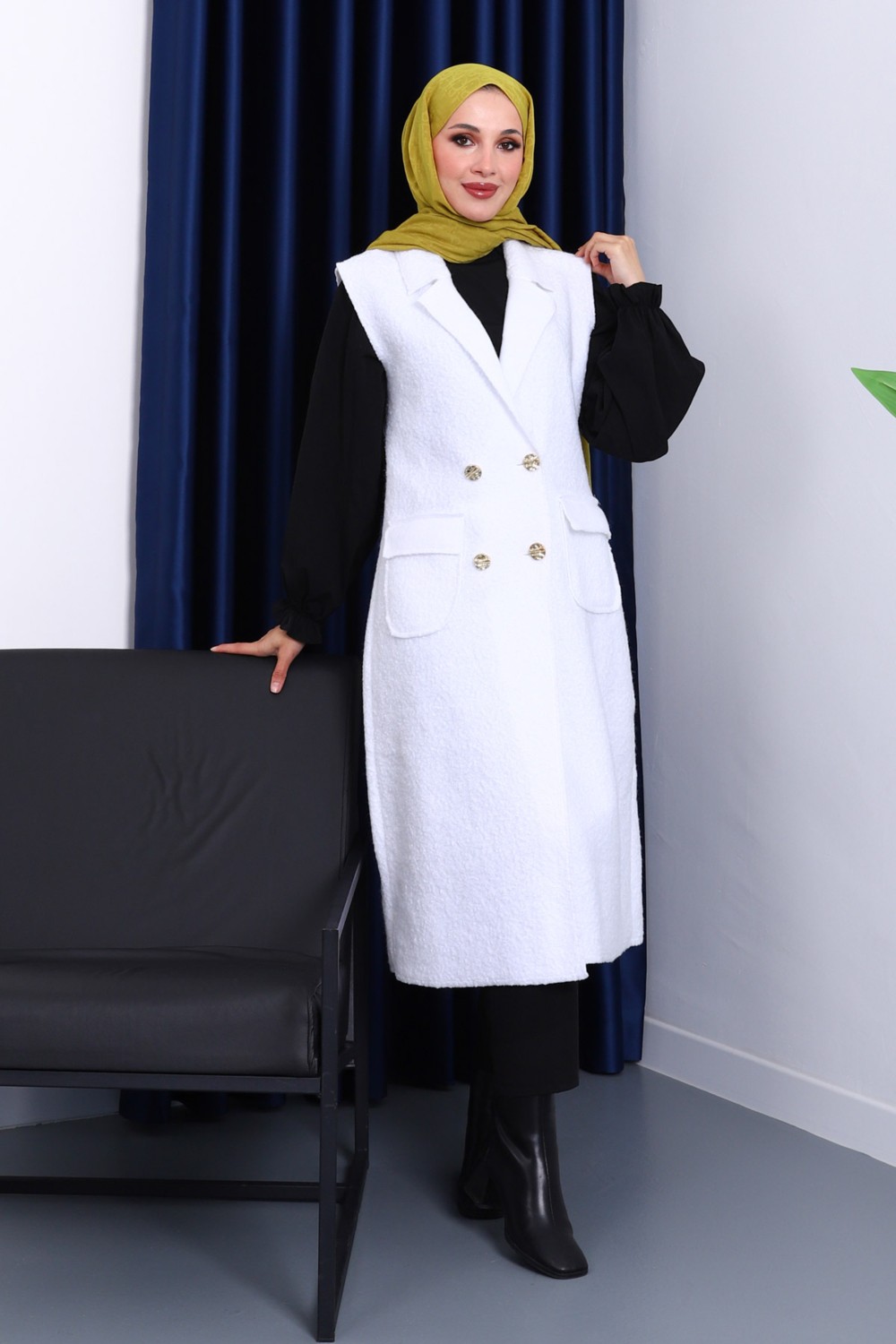 İmaj Butik Ekru Düğmeli Uzun Buklet Yelek