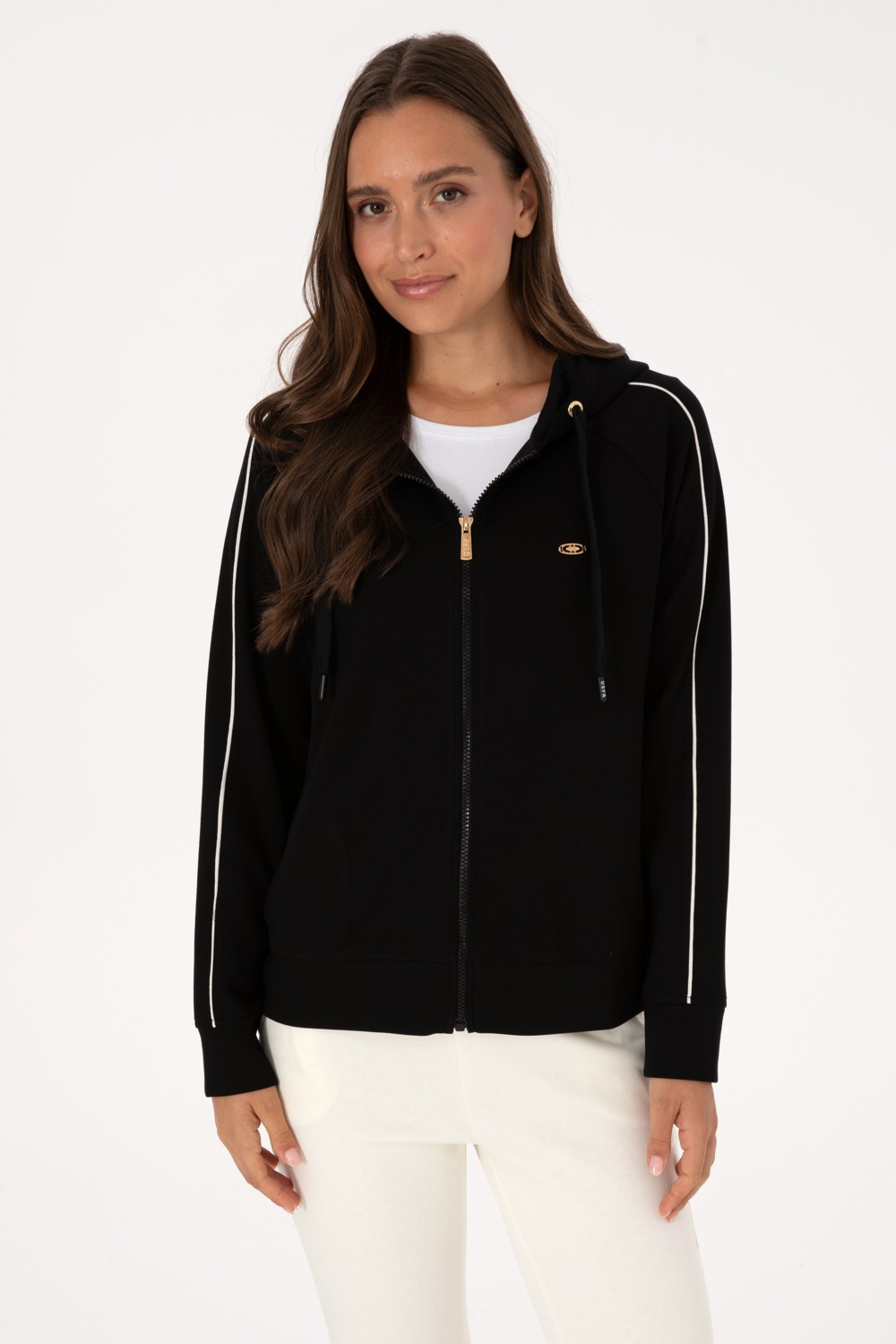 U.S. Polo Assn. Kadın Siyah Fermuarlı Kapüşonlu sweatshirt 50314187-VR046 görsel 3