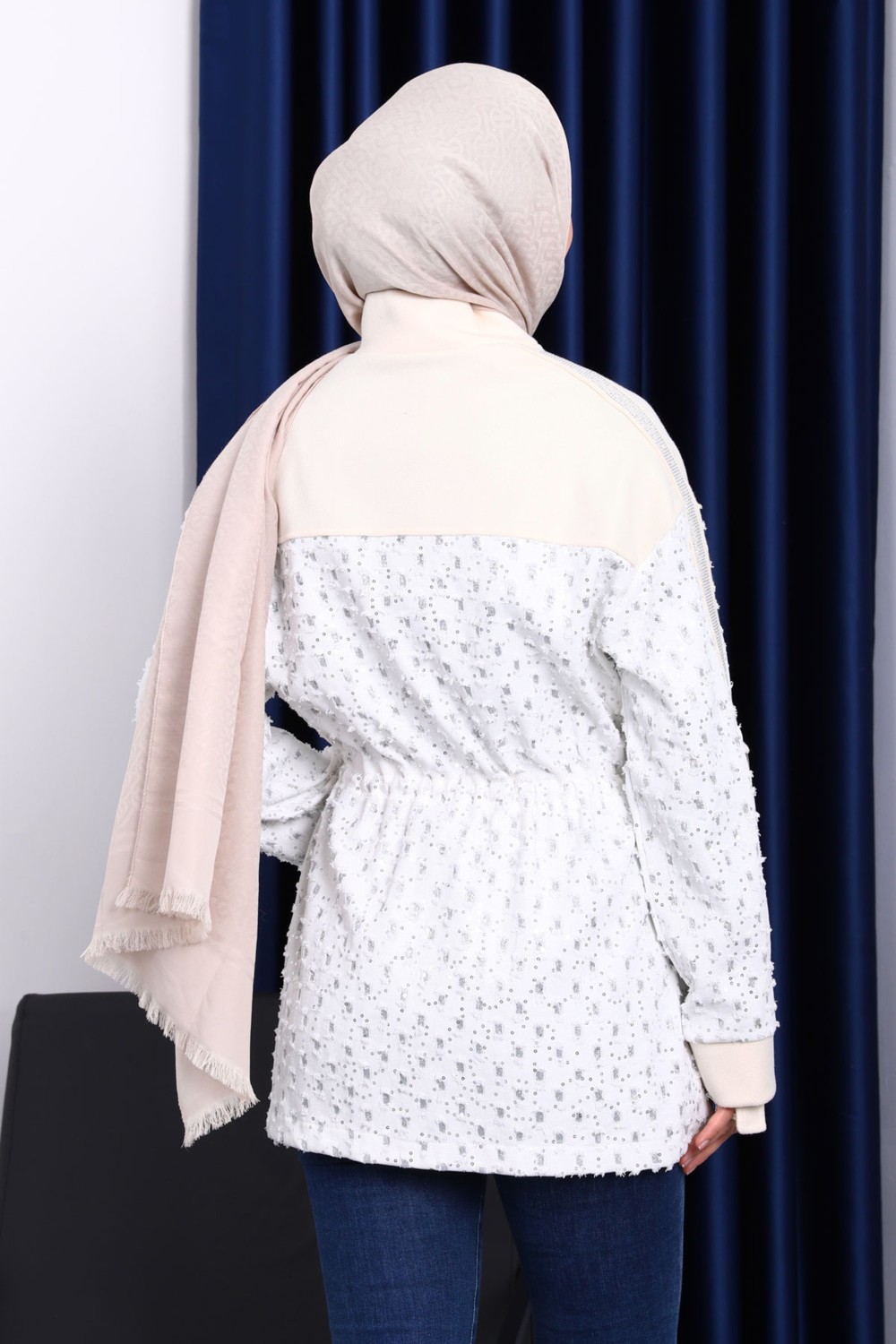 İmaj Butik Ekru Sahte Cepli Bel Büzgülü Ceket görsel 4