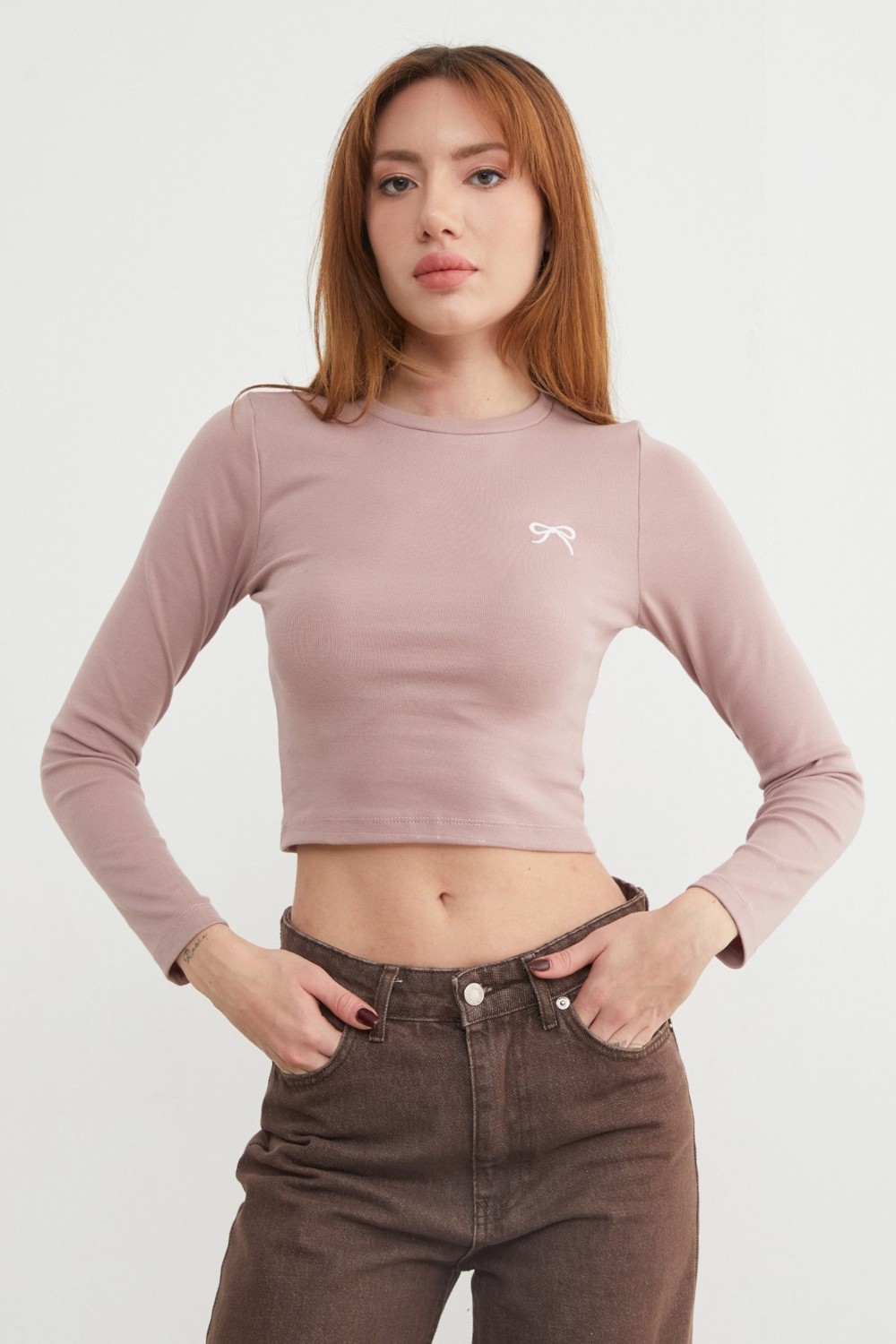FullaModa Fiyonk Nakışlı Likralı Crop Body görsel 7