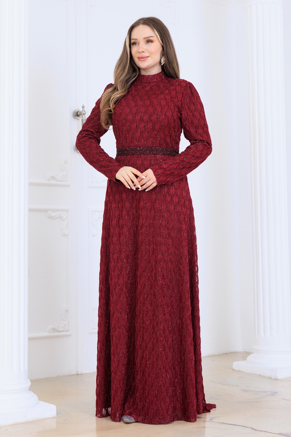 Elben Moda Lina Tesettür Abiye Elbise Dantel Kumaş Eteği Kuyruk ve Beli Taş Detaylı görsel 2