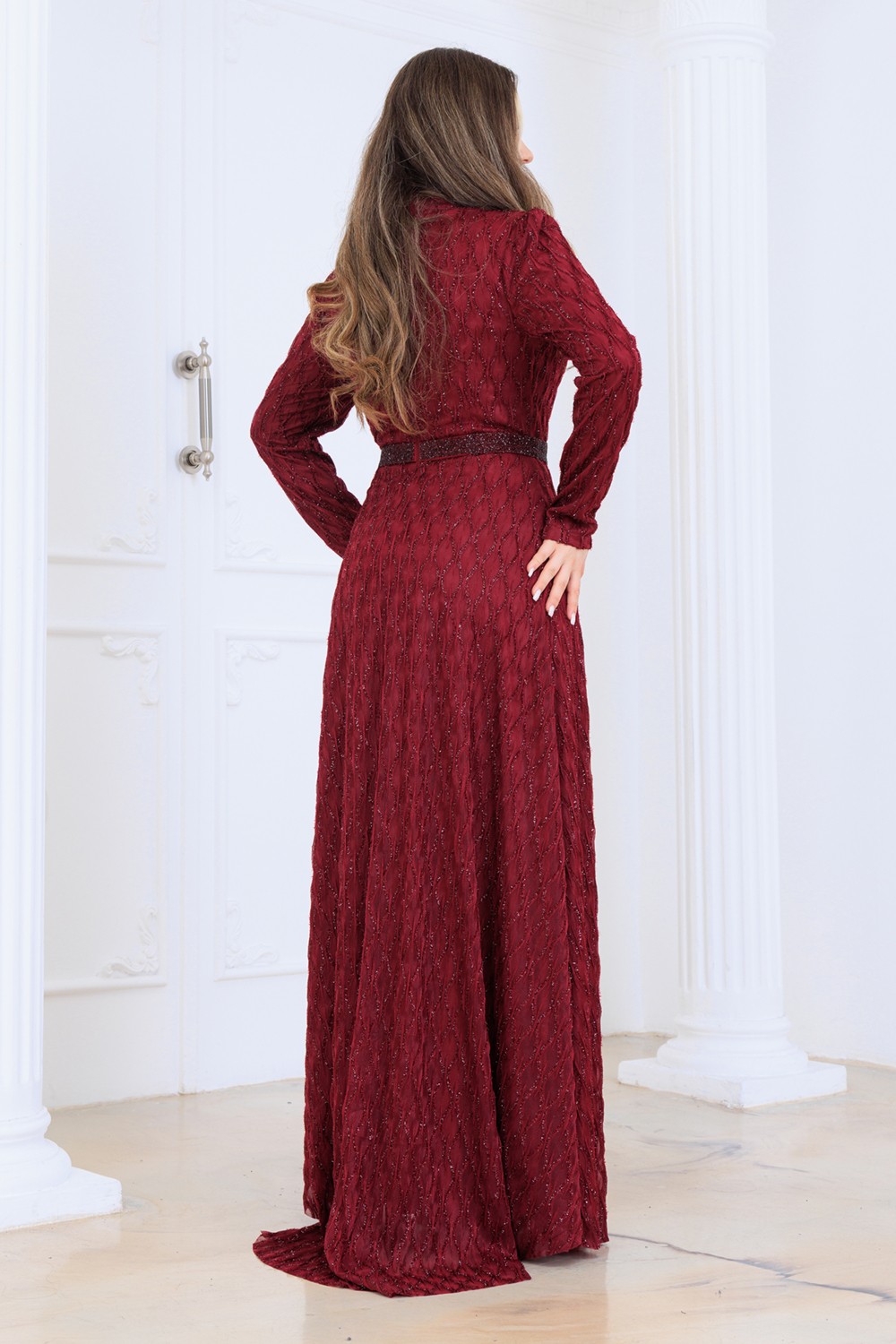 Elben Moda Lina Tesettür Abiye Elbise Dantel Kumaş Eteği Kuyruk ve Beli Taş Detaylı görsel 8