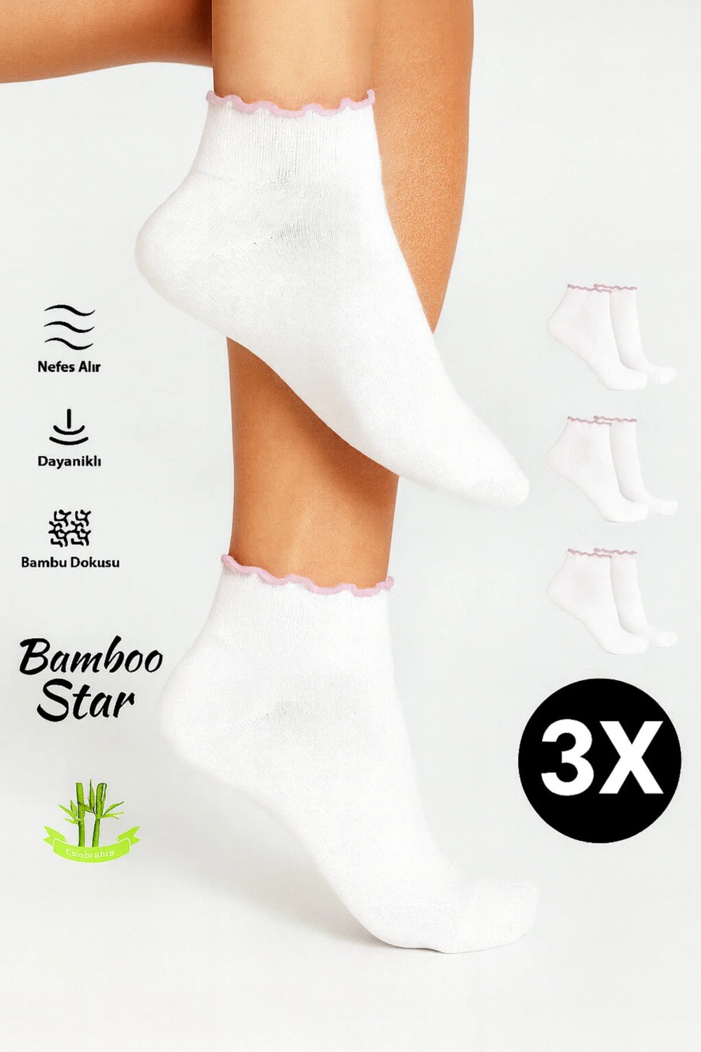 Bamboo Star Bambu Kadın Kalp Desenli Fırfırlı Patik Lastiksiz Dikişsiz 3lü Beyaz Çorap
