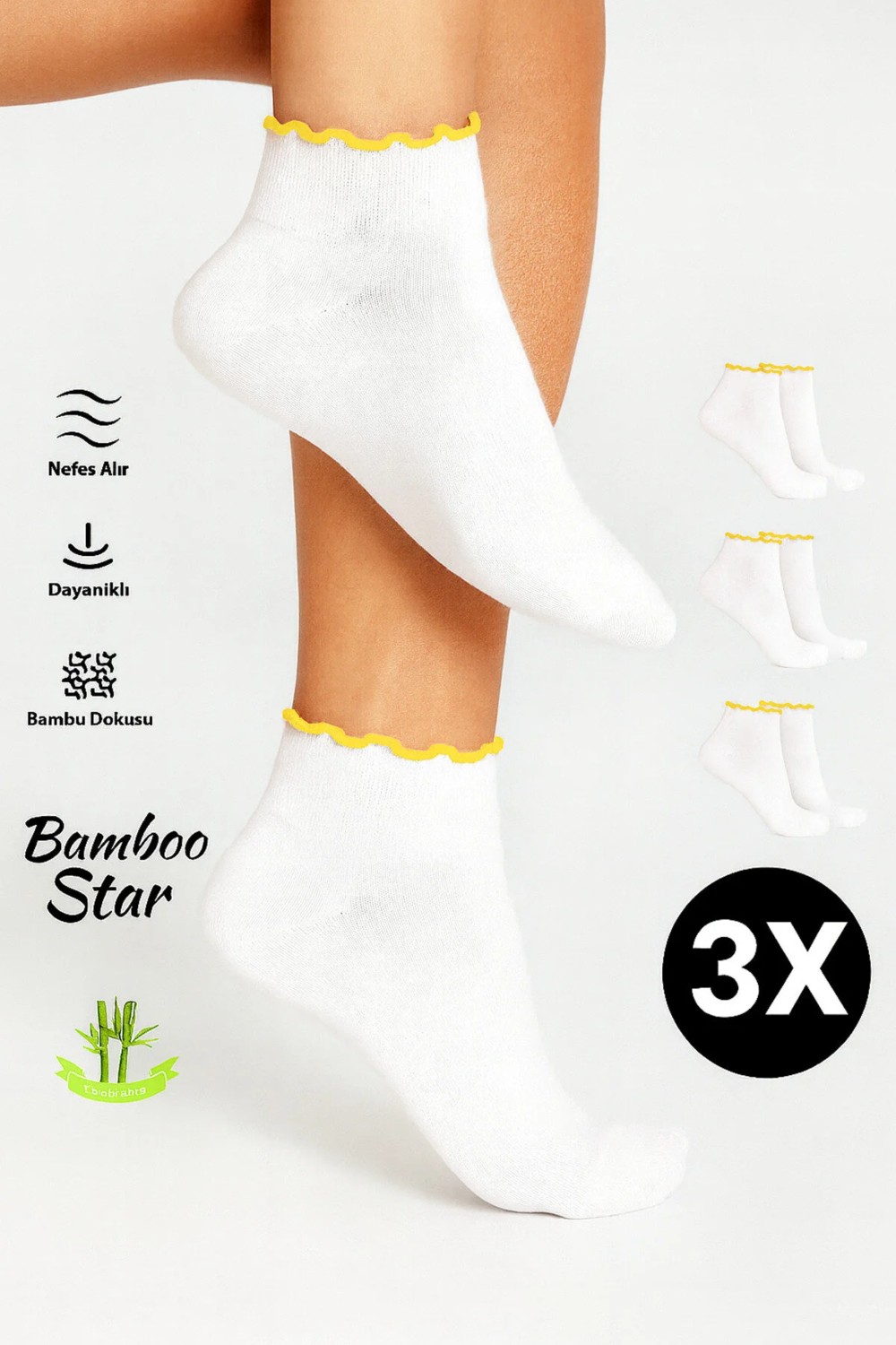 Bamboo Star Bambu Kadın Kalp Desenli Fırfırlı Patik Lastiksiz Dikişsiz 3lü Beyaz Çorap