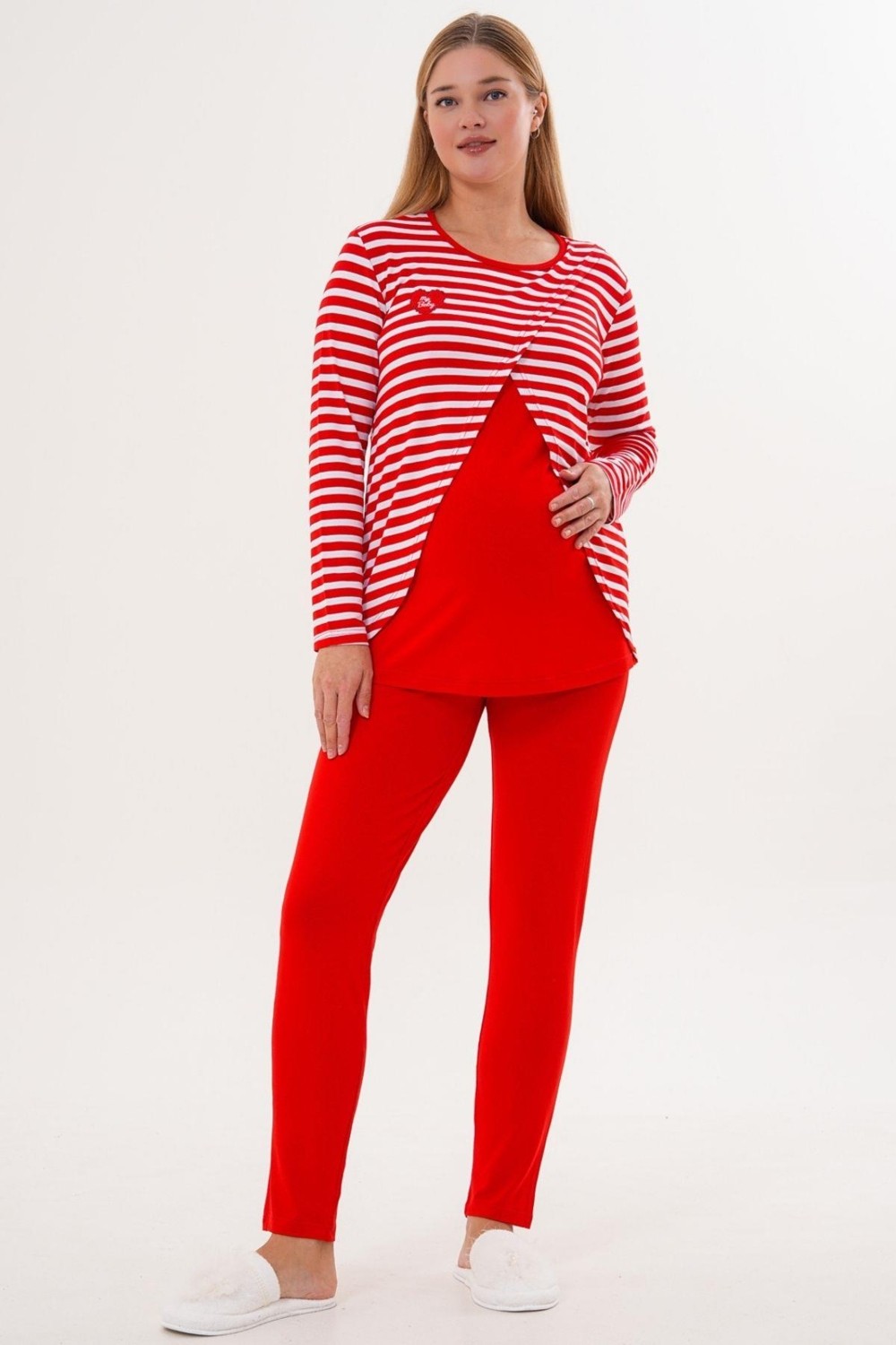 Mecit Pijama Mecit 6303 Kırmızı Likralı Spor Hamile Lohusa Pijama Takımı görsel 2