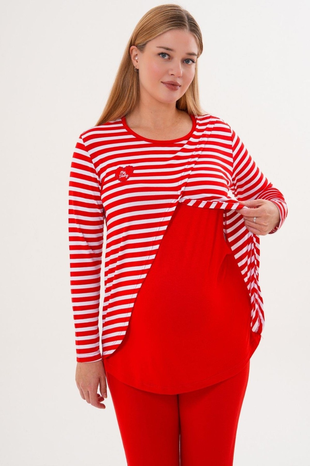 Mecit Pijama Mecit 6303 Kırmızı Likralı Spor Hamile Lohusa Pijama Takımı görsel 3