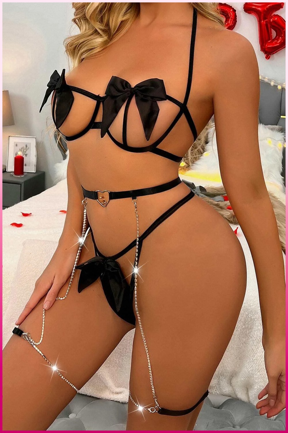 Çamaşır Kenti Siyah Göğüs Fiyonklu Balenli Seksi Jartiyer Takım görsel 2