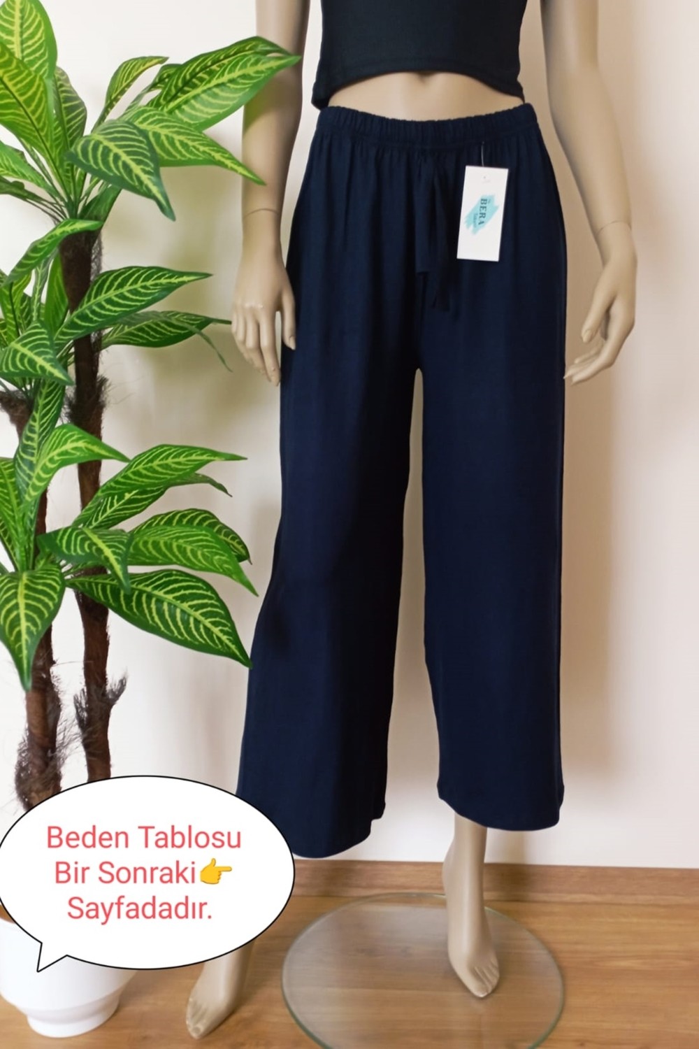 Vip Bera Tekstil Kadın Lacivert Beli Lastikli Bol Paça Likralı Penye Pantolon
