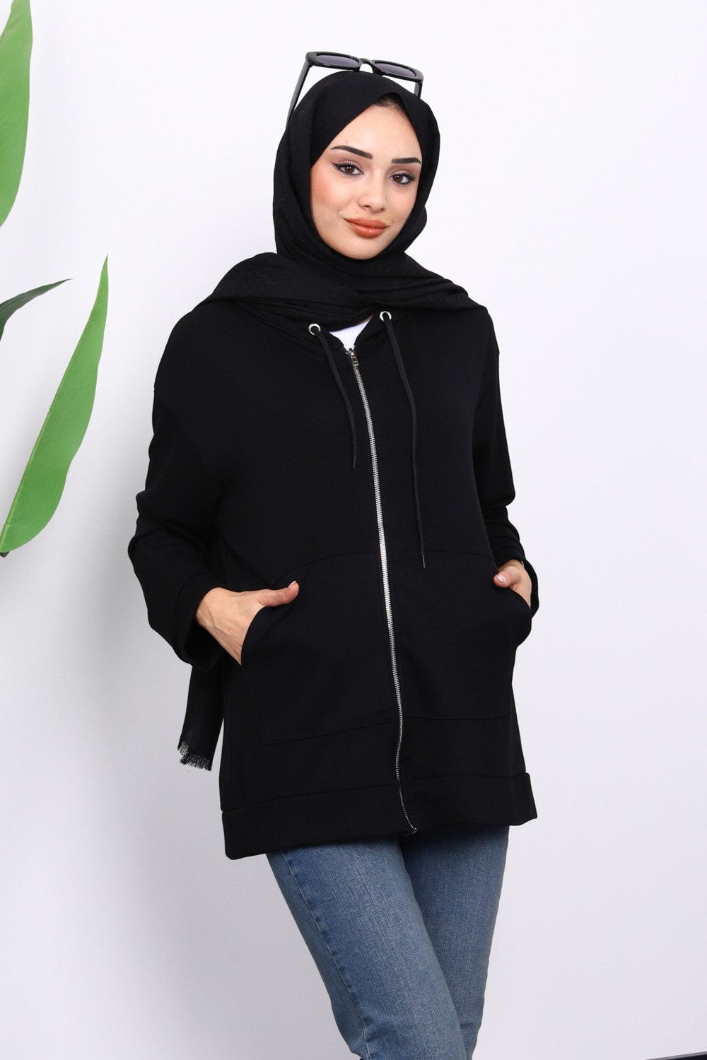 İmaj Butik Taş Kapşonlu Fermuarlı Modal Sweat Hırka