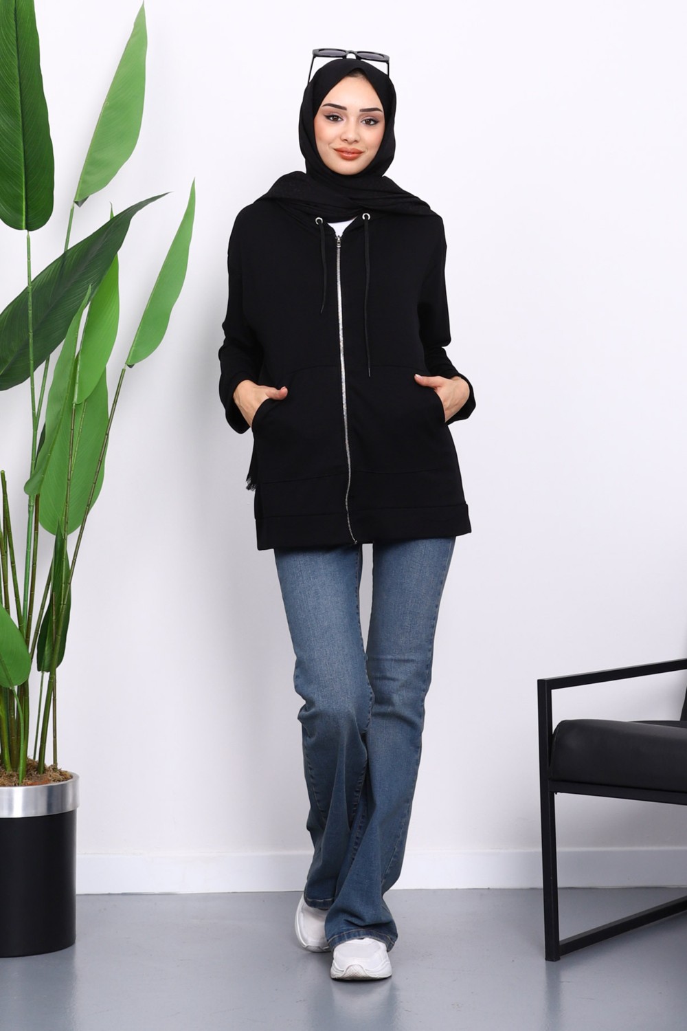 İmaj Butik Taş Kapşonlu Fermuarlı Modal Sweat Hırka görsel 2