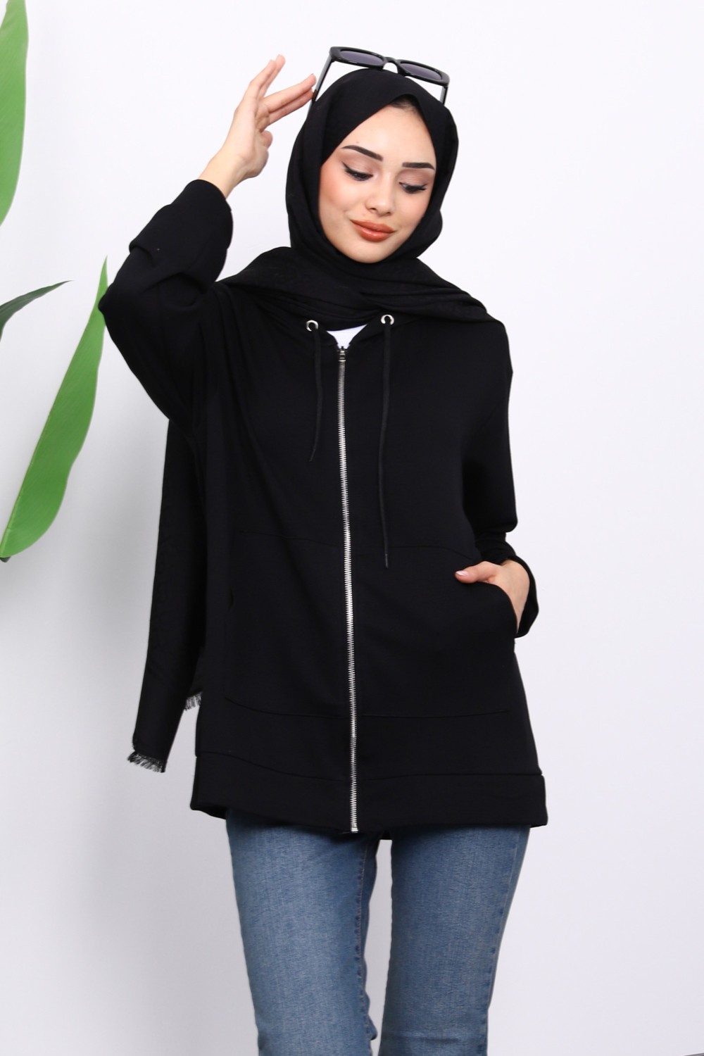 İmaj Butik Taş Kapşonlu Fermuarlı Modal Sweat Hırka görsel 3