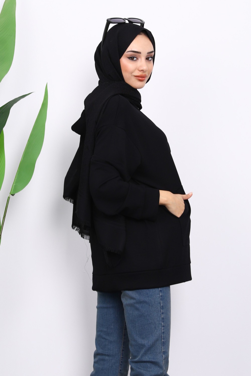 İmaj Butik Taş Kapşonlu Fermuarlı Modal Sweat Hırka görsel 4