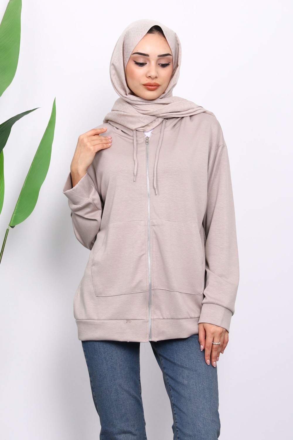 İmaj Butik Taş Kapşonlu Fermuarlı Modal Sweat Hırka görsel 5