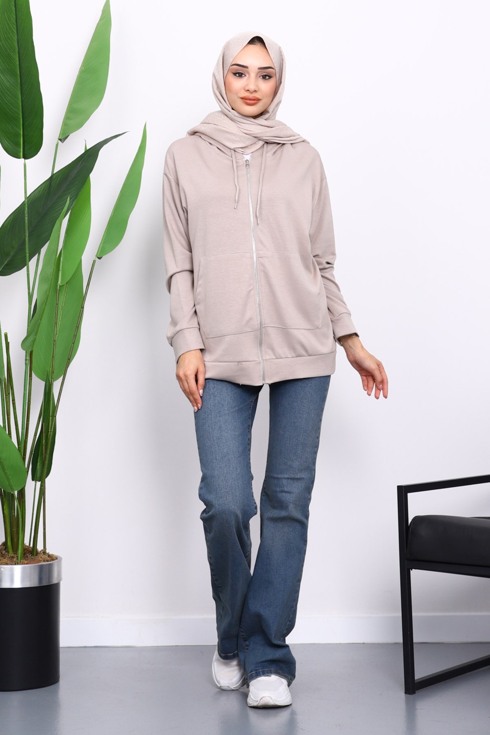 İmaj Butik Taş Kapşonlu Fermuarlı Modal Sweat Hırka görsel 6