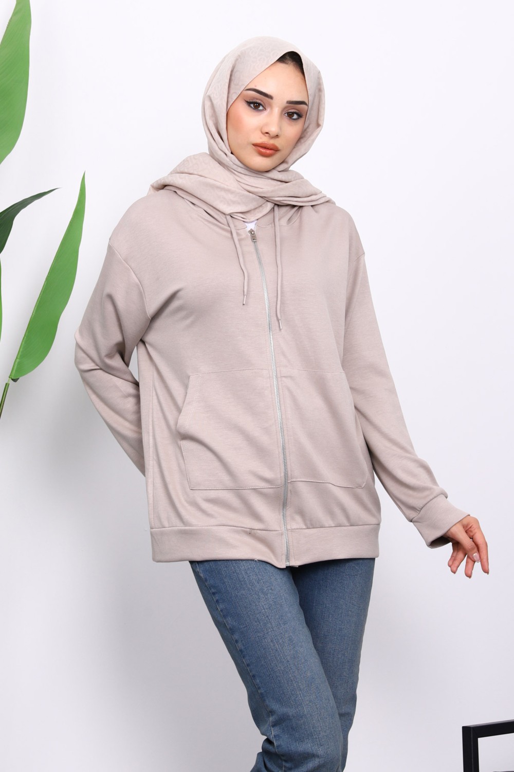 İmaj Butik Taş Kapşonlu Fermuarlı Modal Sweat Hırka görsel 7