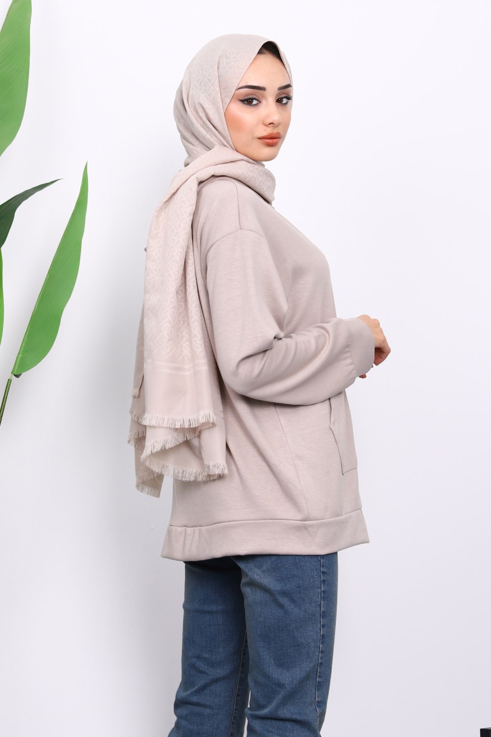 İmaj Butik Taş Kapşonlu Fermuarlı Modal Sweat Hırka görsel 8
