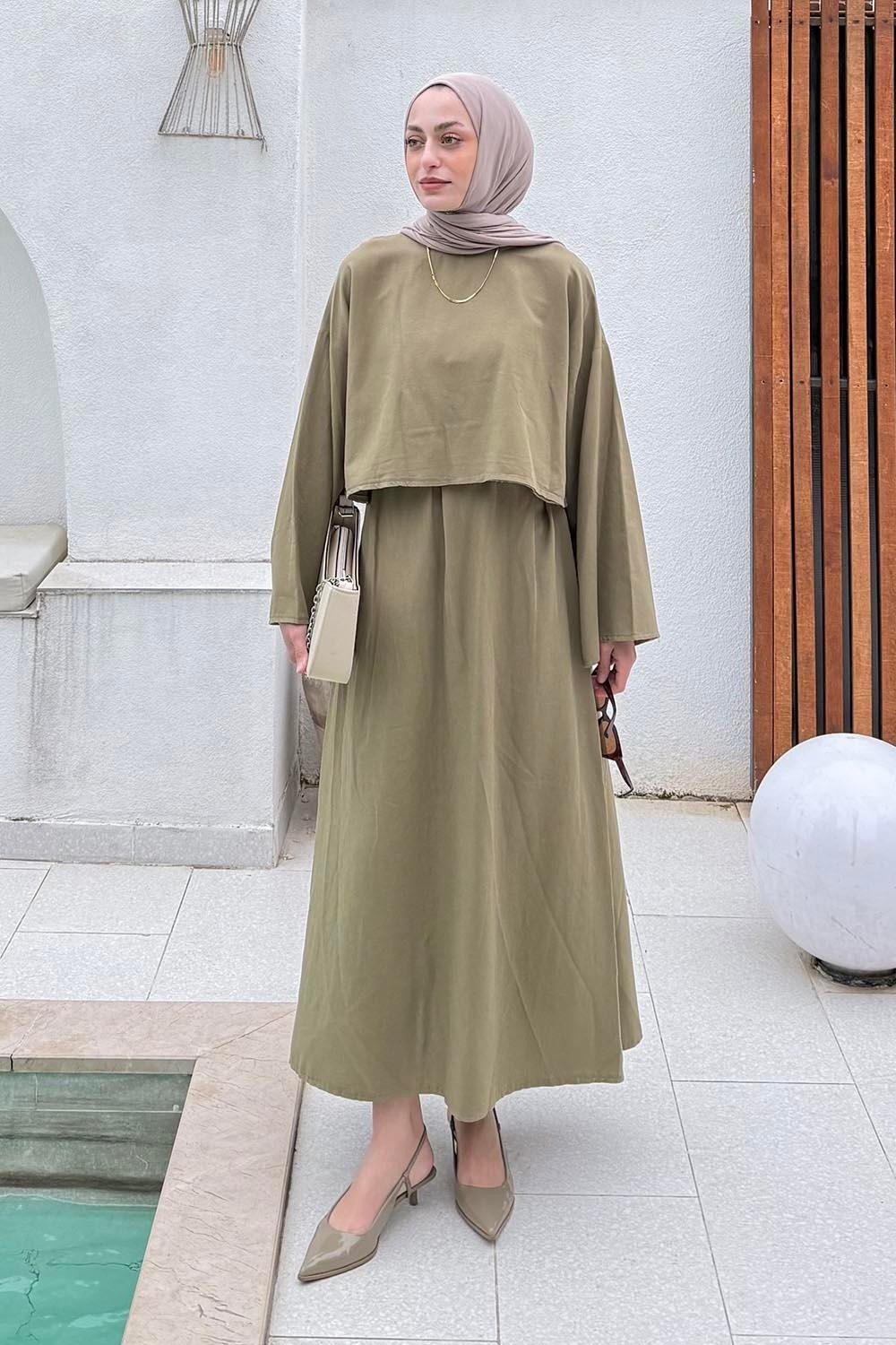 Lamelif Lacivert Oversize Etekli Tesettür Takım Kadın Pamuk - Polyester Düz Desen ile Şık