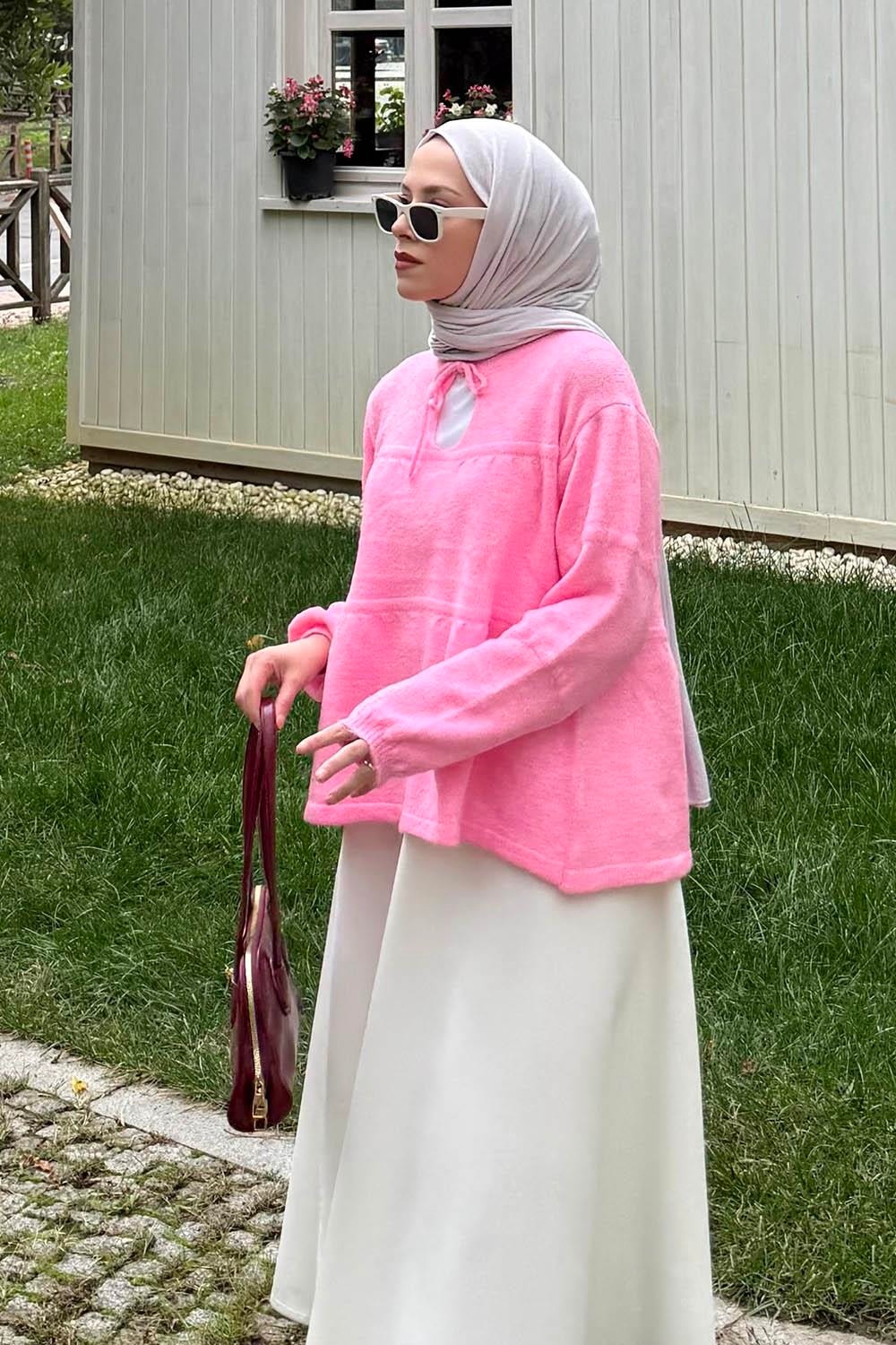 Lamelif Yakası Bağcıklı Triko Kazak Pembe görsel 2