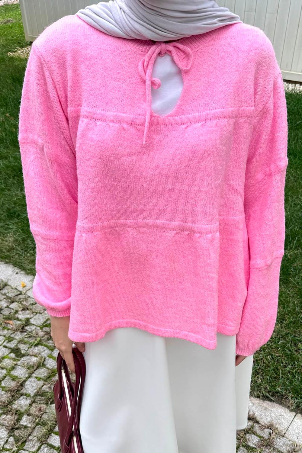 Lamelif Yakası Bağcıklı Triko Kazak Pembe görsel 3