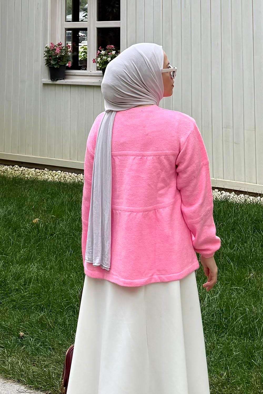 Lamelif Yakası Bağcıklı Triko Kazak Pembe görsel 4