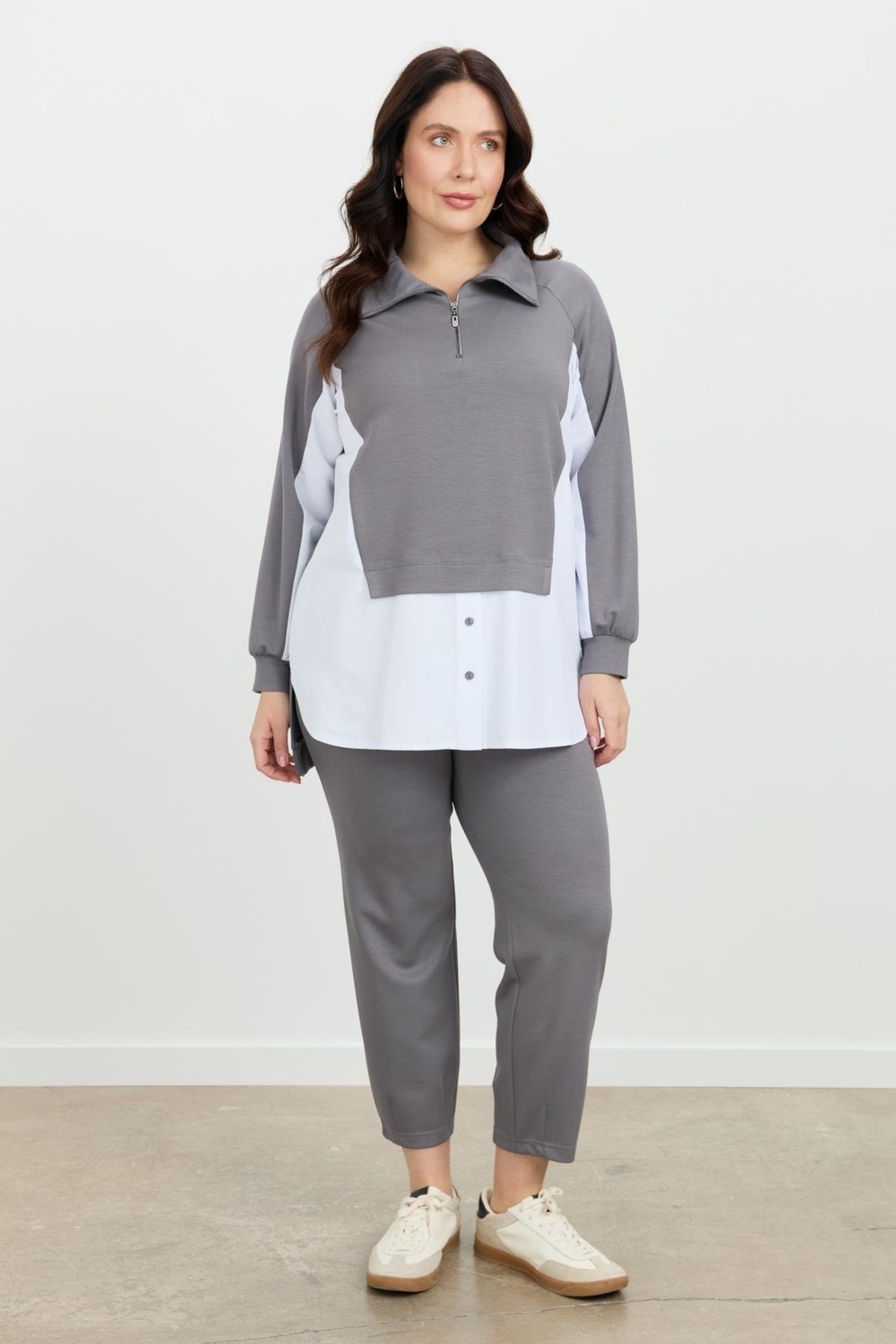 Accort Büyük Beden Fermuar Yaka Sweatshirt-K.gri