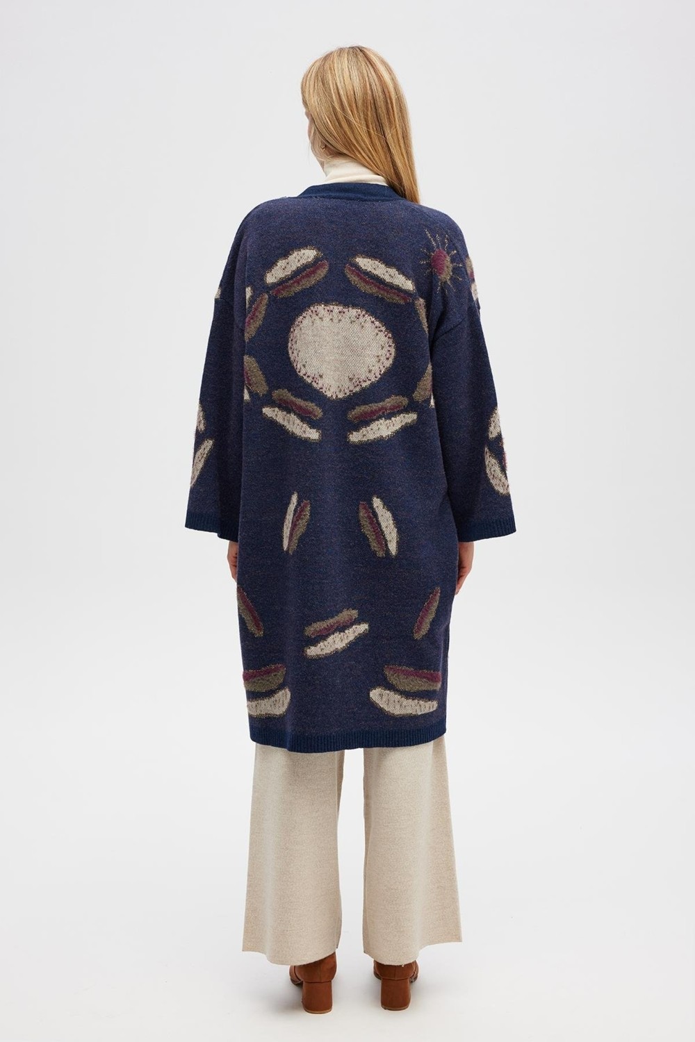 Peraluna Makoya Desenli Kadın Triko Kimono - Indigo Multi görsel 7