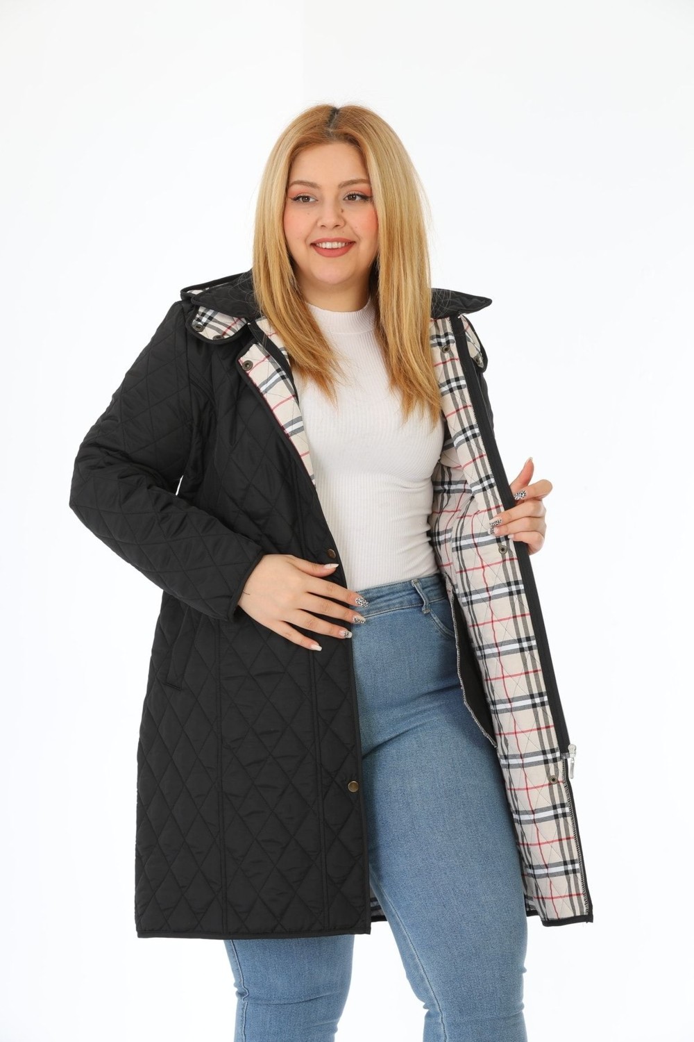 TUTveAL Collection Kadın Uzun Suya Dayanıklı Kapitone Kapüşonlu Kapitone Mont Büyük Beden Kapitone Ekoseli Kapitone
