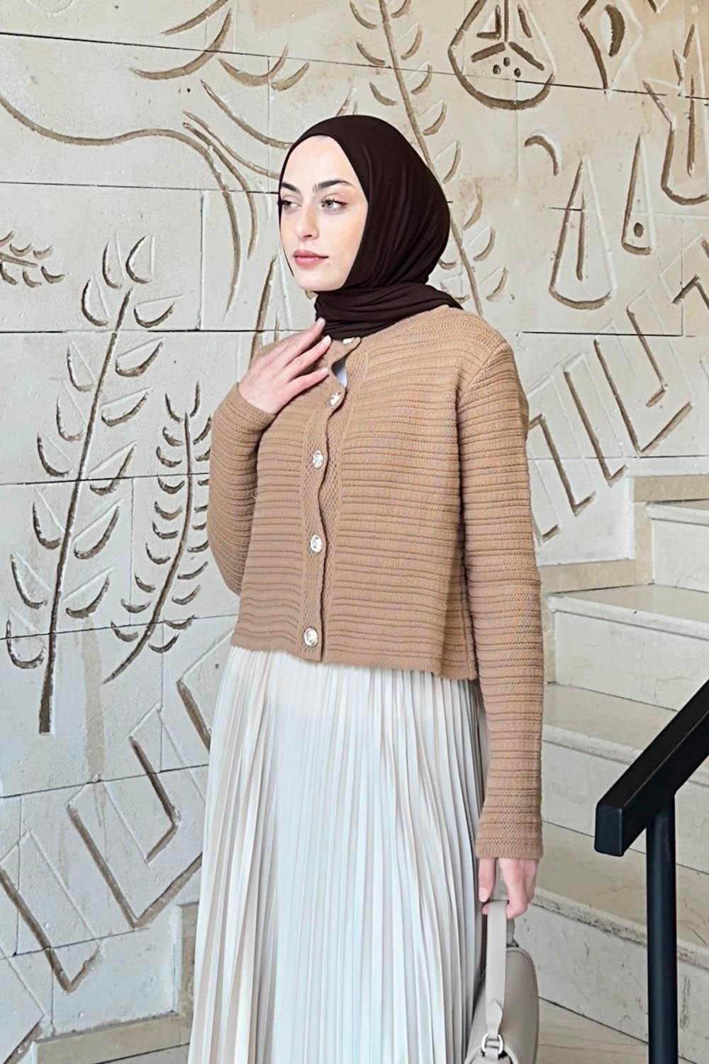 Lamelif Links Desenli Crop Hırka Camel görsel 2