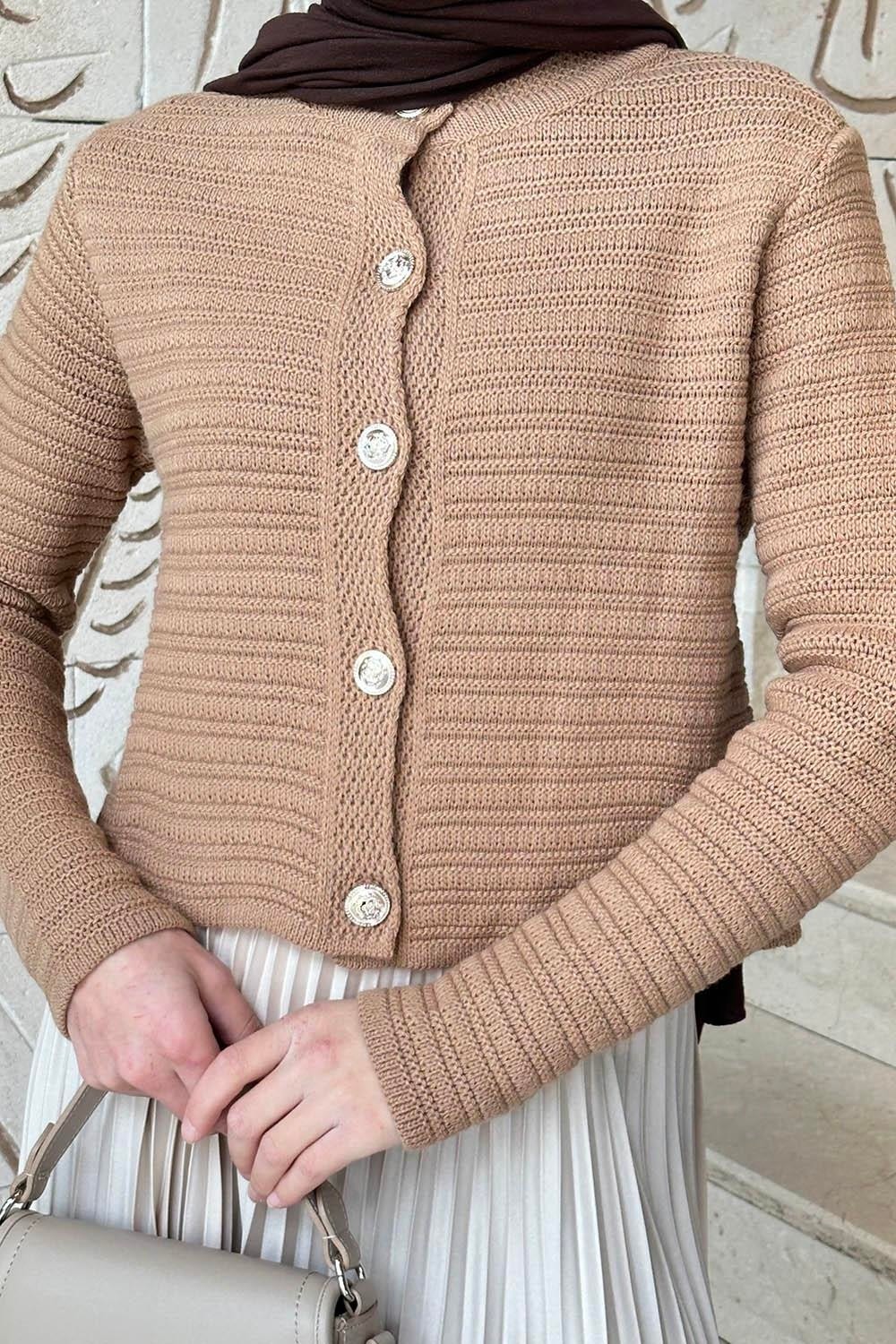 Lamelif Links Desenli Crop Hırka Camel görsel 3